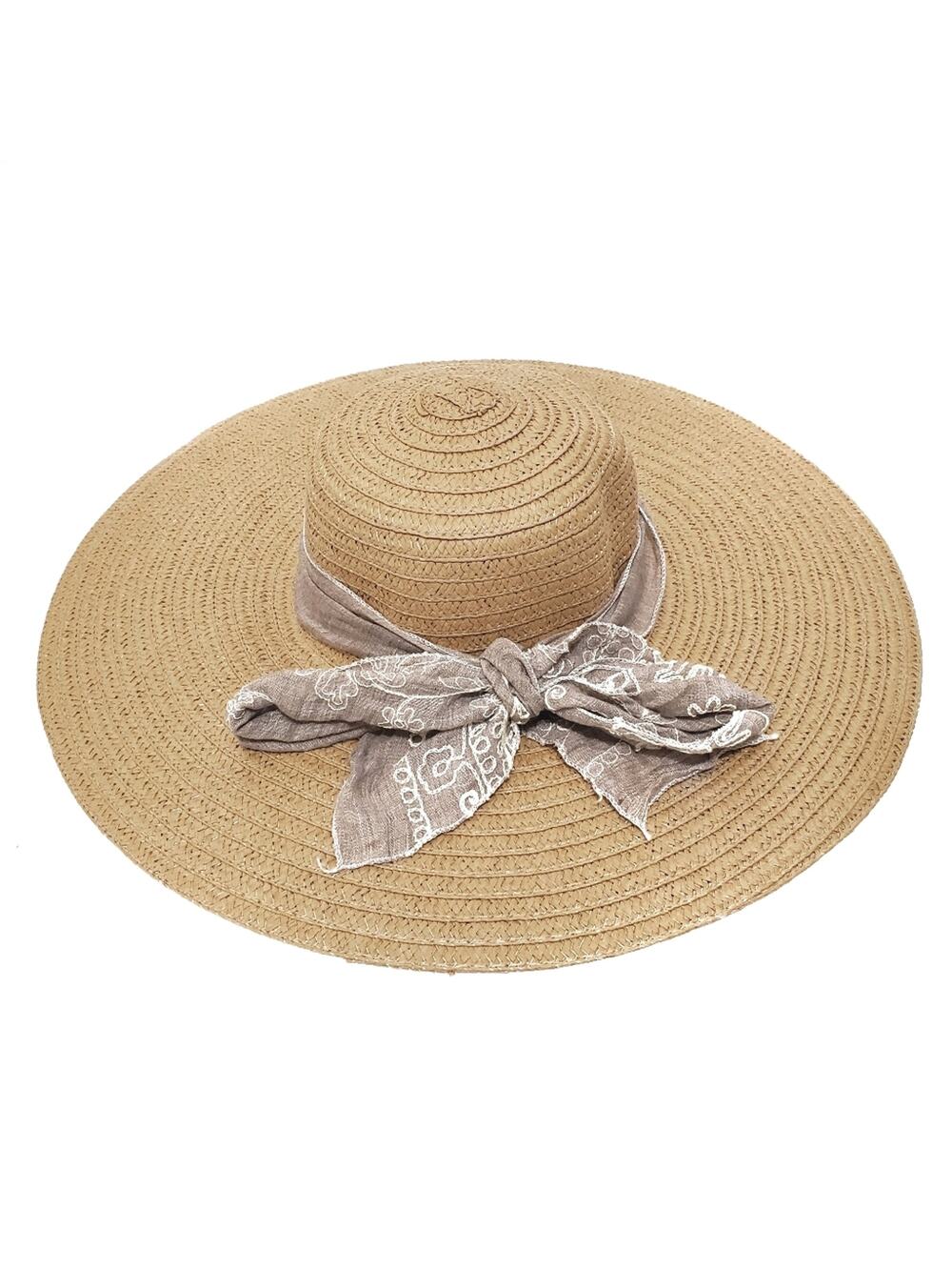 Floppy Brim Straw Paper Hat with Fabric Sash Tie Bow